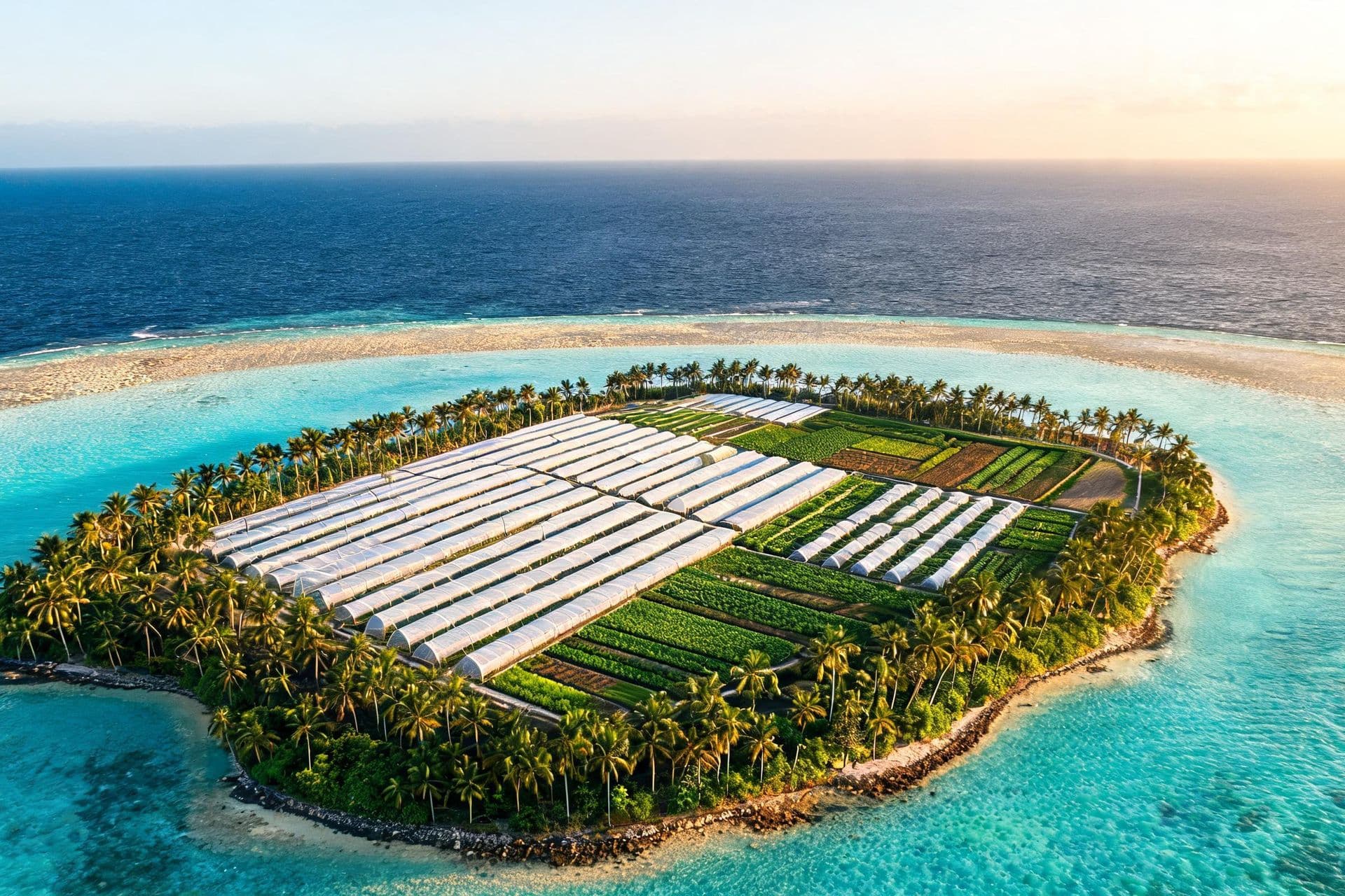 Aerial view of the Atoll Harvest farm island in the Maldives