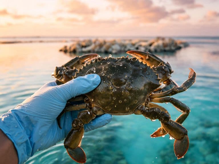 Live mud crab held above a Maldivian lagoon at sunset